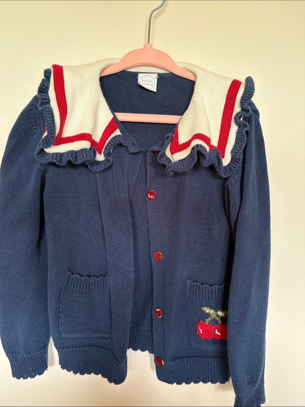 Pepa London Girls Sailor Collar Knit Cardigan Navy Red